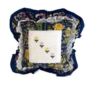 Embroidered Panel Ruffled Lace Trim Granny Core VTG Cottage Core Pillow